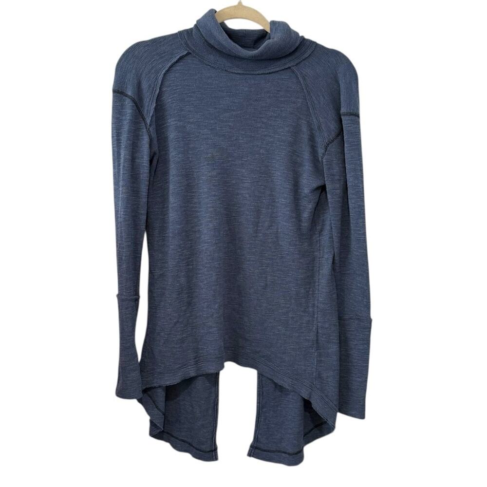 We The Free Free People XS Blue High-Low Split Back Cowl Neck Long Sleeve Top